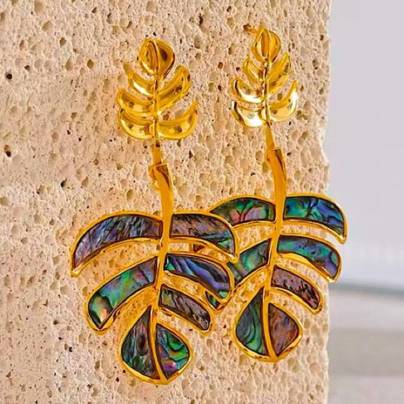 Boho Gold Iridescent Leaf Earrings Stainless Steel Gold Plated - Picture 6 of 11